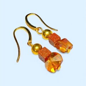 Gold& rhinestone hook earrings with gold sand/amber color Swarovski crystals